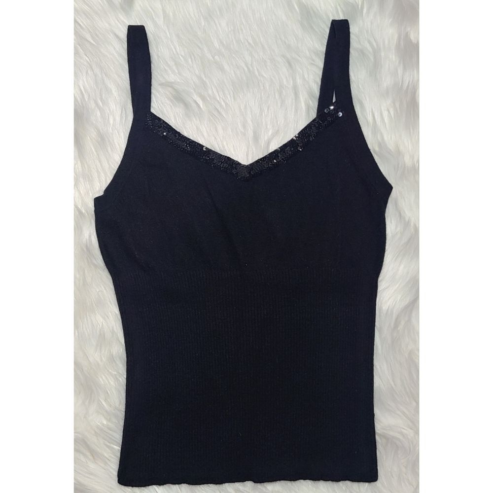 Bisou Bisou|Rabbit Hair Black Sequin Ribbed Tank Top, LARGE